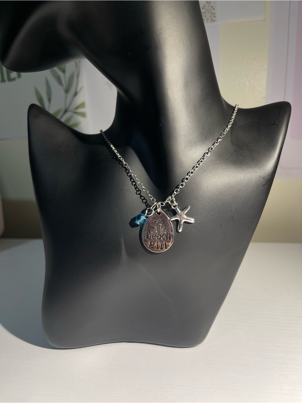 Beach Girl Silver Charm Necklace with Blue Crystal Accent